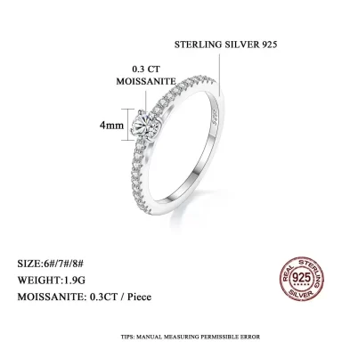 Real 925 Sterling Silver Small Moissnaite Ring For Women Simple Sparkling Round 0.3CT Certificated Lab Diamond Finger Rings - Image 3