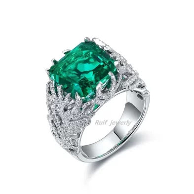 Ruif Customization 18k Gold about 8.5ct Lab Emerald with Moissanite Rings Female Engagement Wedding Marrige Bride Jewelry Gift