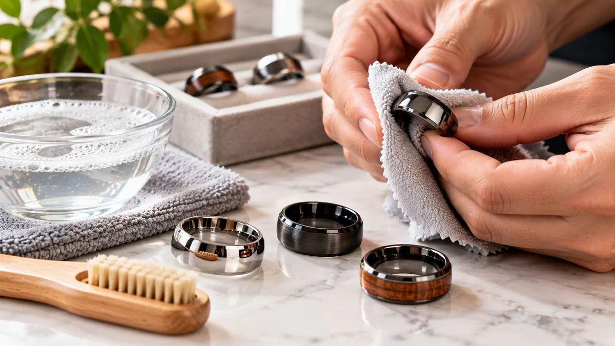 Hands gently cleaning tungsten wedding bands, including a wood inlay ring, with mild soap and microfiber cloth