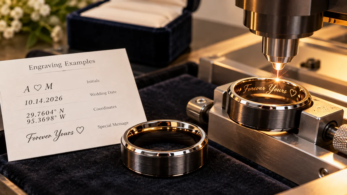 Laser engraving a personalized message inside a dark tungsten wedding band beside matching rings